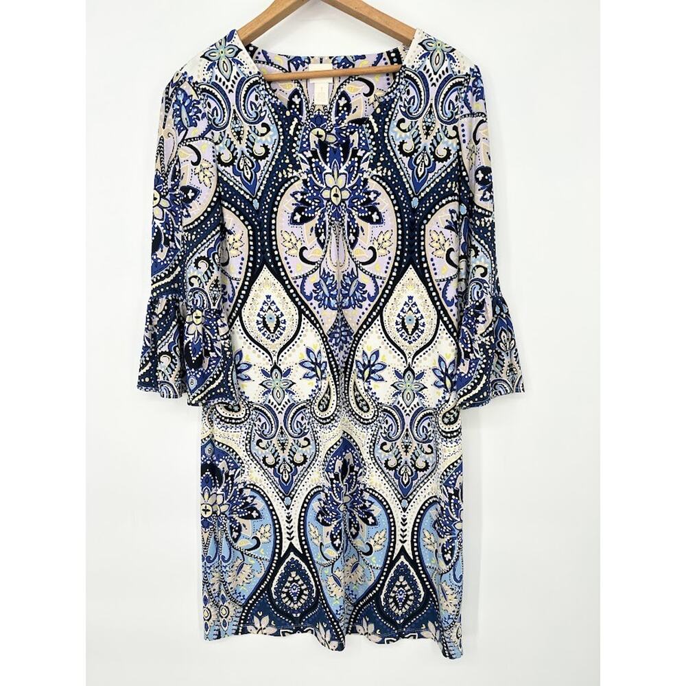 Chico's Shift Dress Paisley Bell Sleeve Travel Slinky Size 8/10 Medium Career